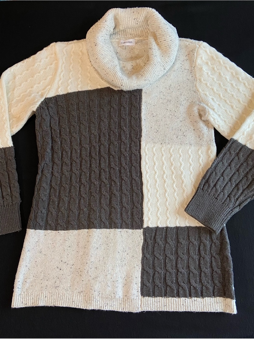 Calvin Klein Patchwork Cable Knit Turtleneck Sweater - Cream & Gray